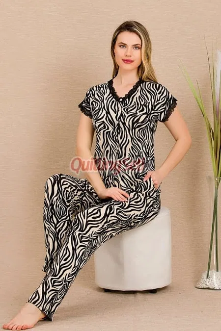 Zebra Desenli Pamuk Viskon Kısa Kol Pijama Takımı Lady 12497 - Siyah