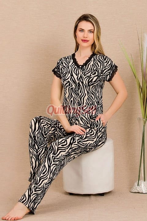 Zebra Desenli Pamuk Viskon Kısa Kol Pijama Takımı Lady 12497 - 2