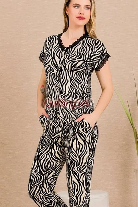 Zebra Desenli Pamuk Viskon Kısa Kol Pijama Takımı Lady 12497 - Siyah