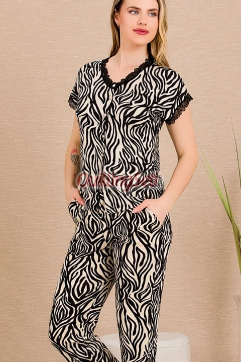 Lady Zebra Desenli Pamuk Viskon Kısa Kol Pijama Takımı Lady 12497 - Görsel 3