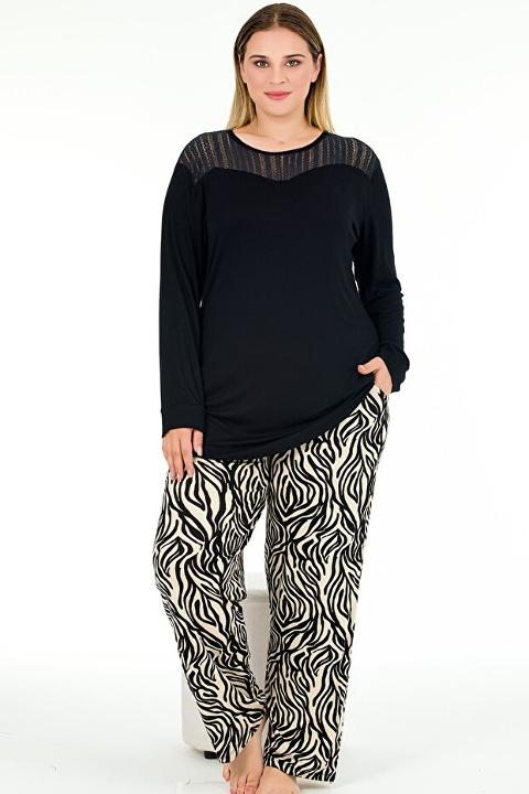 Zebra Desenli Büyük Beden Uzun Kollu Pijama Takımı Lady 11388 - Siyah