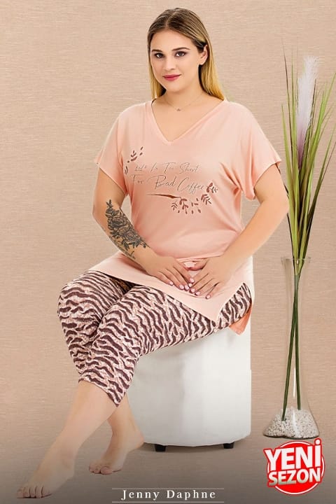 Zebra Desenli Kısa Kollu Kapri Pijama Takımı Lady 10722 - Pudra