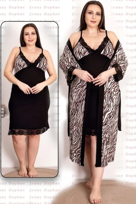Zebra Desenli Viskon 2li Lüks Gecelik Sabahlık Takımı Lady 19218 - Siyah