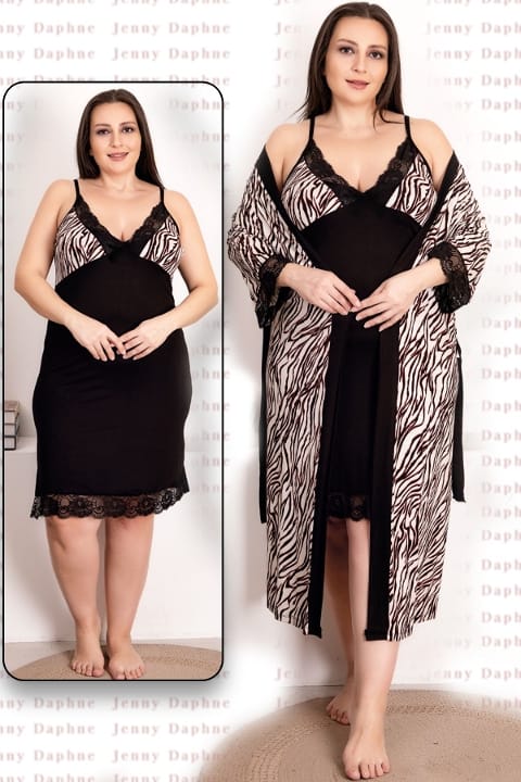 Zebra Desenli Viskon 2li Lüks Gecelik Sabahlık Takımı Lady 19218 - Siyah