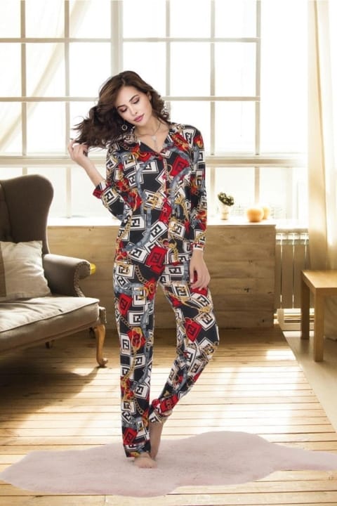 Zincir Desenli Gömlek Yaka Kadın Pijama Takımı İzabel 4004 - Görsel