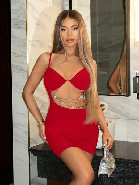 Zincir Detaylı Kırmızı Mini Elbise Real Passione 1034