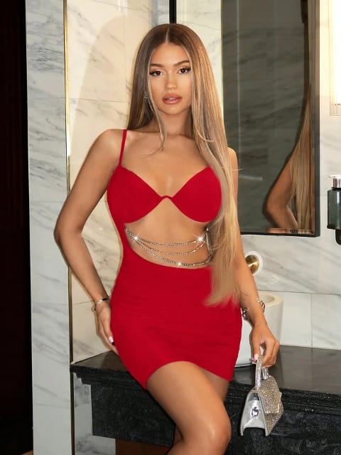 Zincir Detaylı Kırmızı Mini Elbise Real Passione 1034 - Kırmızı