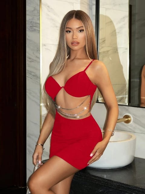 Zincir Detaylı Kırmızı Mini Elbise Real Passione 1034 - Kırmızı