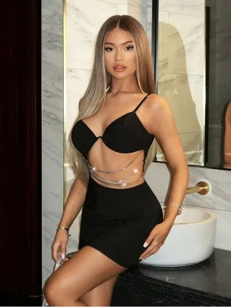 Zincir Detaylı Siyah Midi Seksi Elbise Real Passione 1033 - Siyah