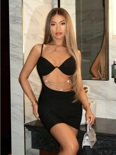 Zincir Detaylı Siyah Midi Seksi Elbise Real Passione 1033 - Siyah