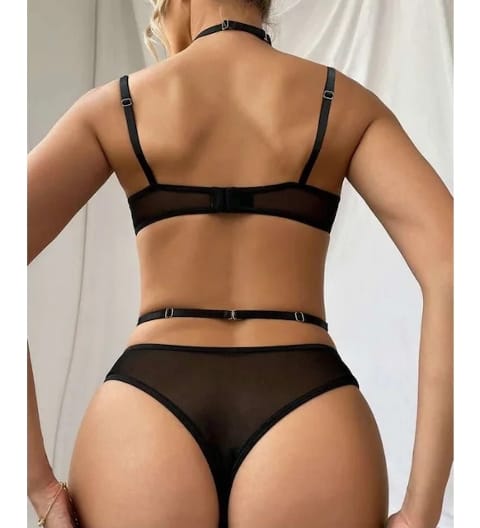 Zincirli Dantelli Transparan Siyah Fantezi Sütyen Takım SHE 2126 - Siyah