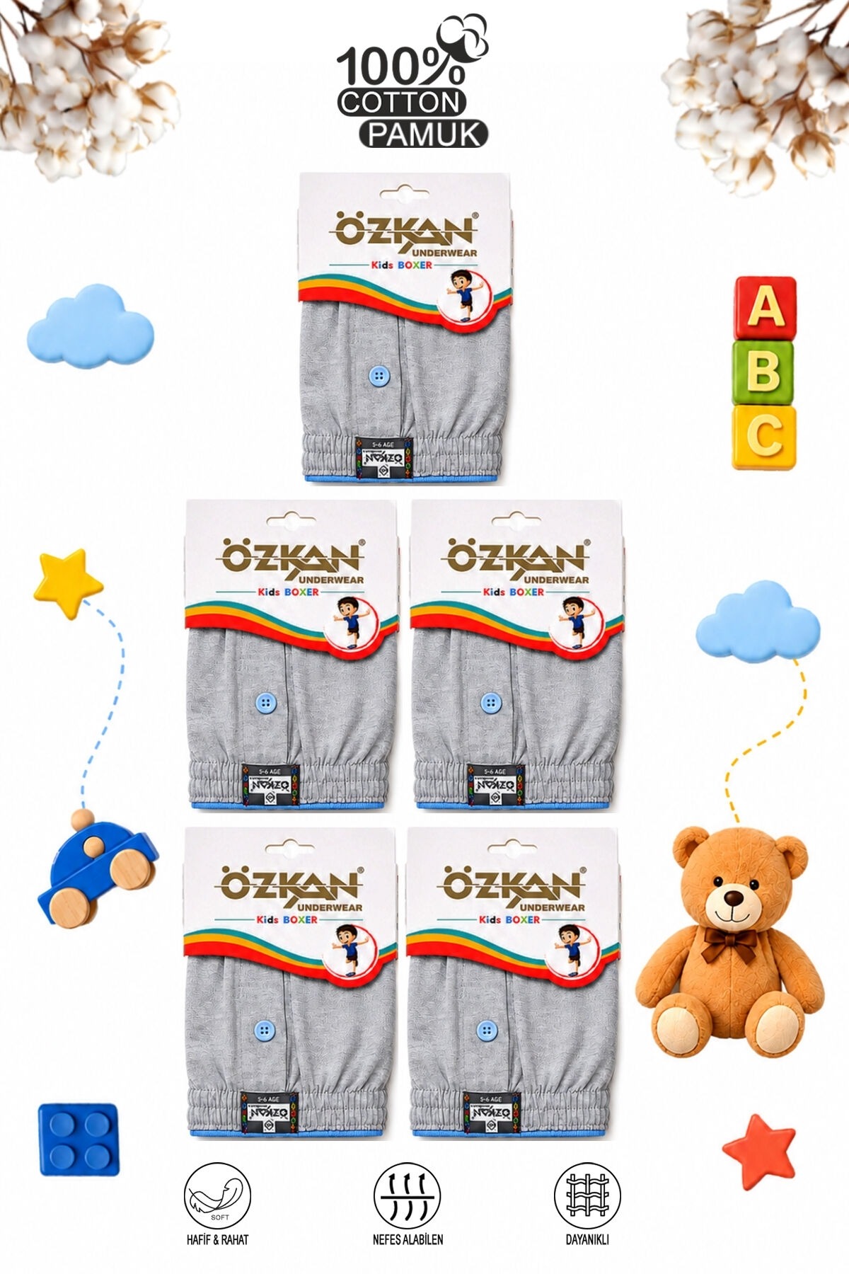 5'li Paket Erkek Çocuk %100 Pamuklu Premium Kumaş Rahat Klasik Kesim Süprem Penye Boxer Şort Külot Özkan 31223 - Gri Melanj
