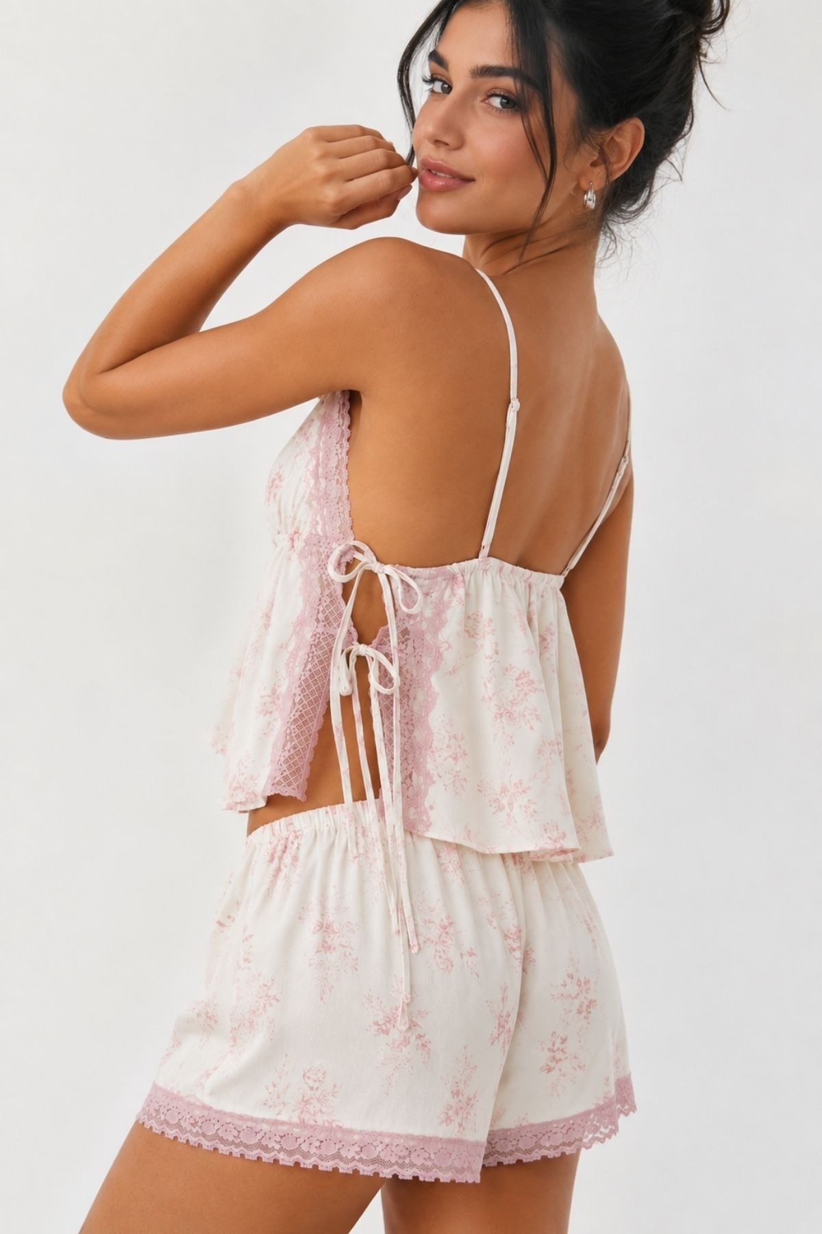 6 Parça Viskon Dokuma Floral Bridal Homewear Set Bella Notte BNL-PJ-2601 - Pembe