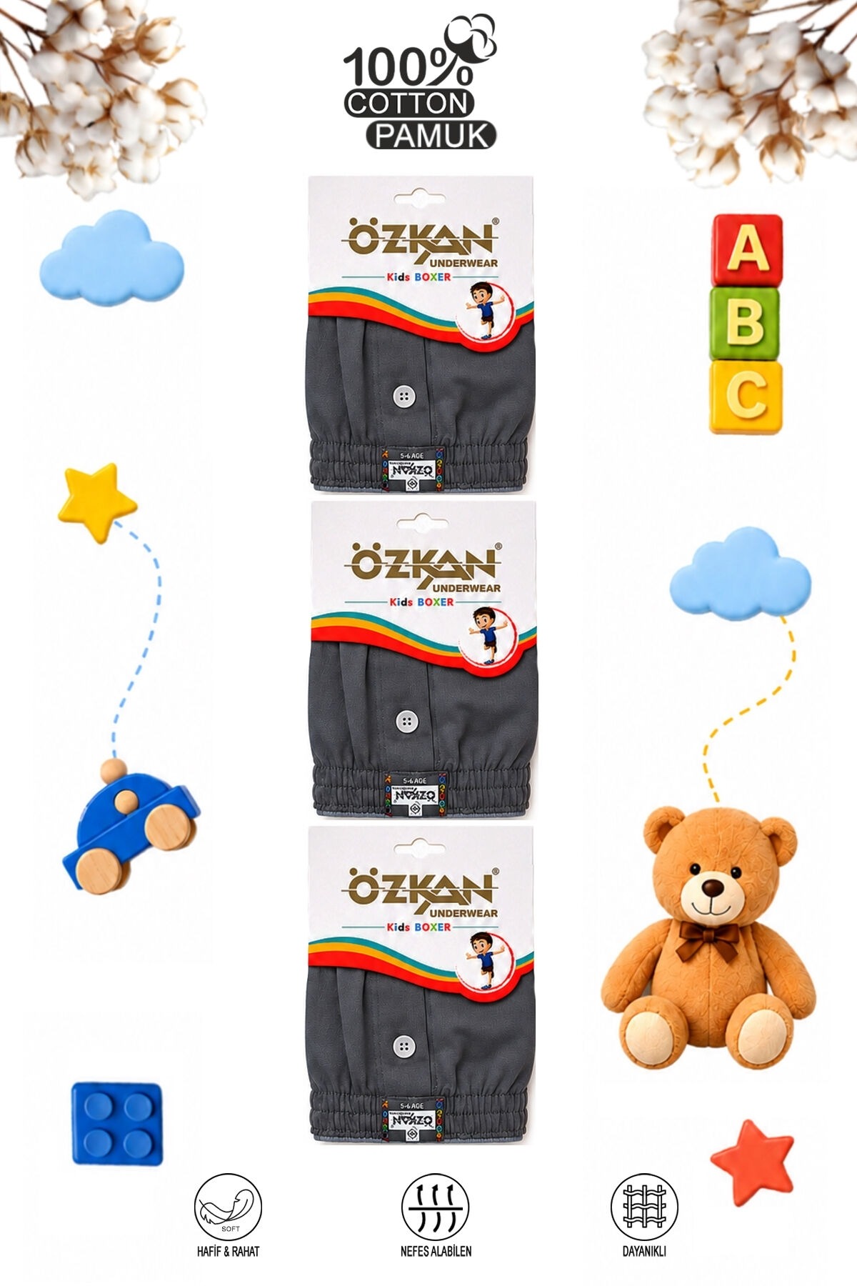 6lı Paket Erkek Çocuk %100 Pamuklu Premium Kumaş Rahat Klasik Kesim Süprem Penye Boxer Özkan 31223 - Gri Melanj