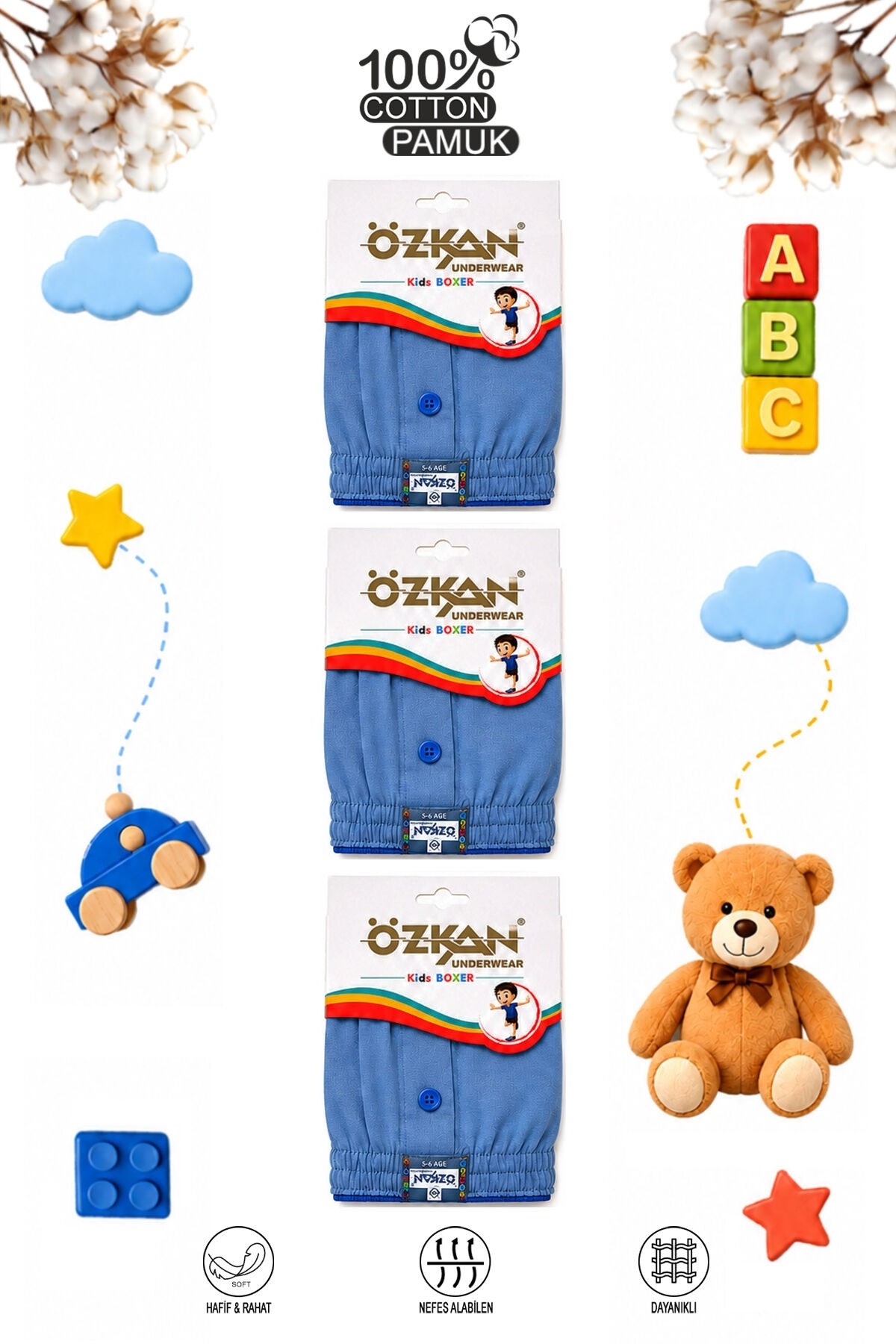 6lı Paket Erkek Çocuk %100 Pamuklu Premium Kumaş Rahat Klasik Kesim Süprem Penye Boxer Özkan 31223 - Mavi