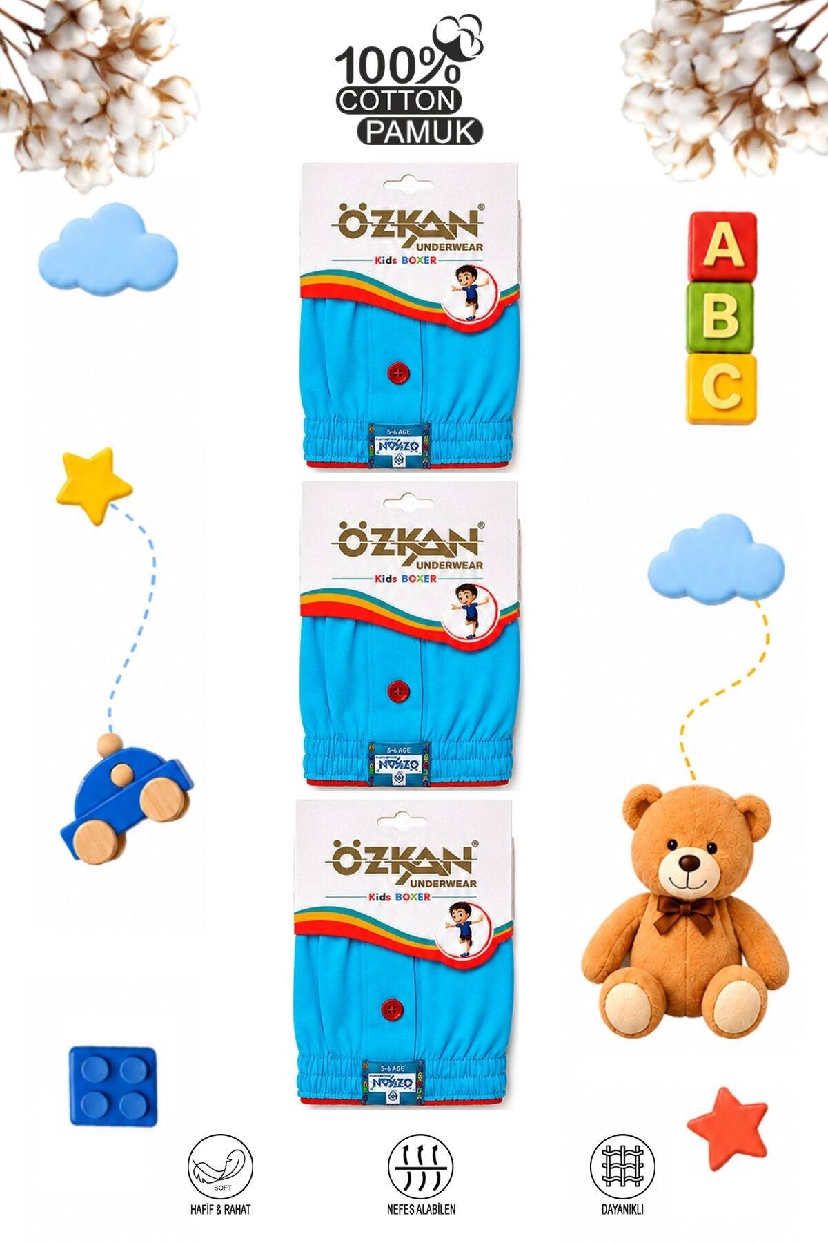 6lı Paket Erkek Çocuk %100 Pamuklu Premium Kumaş Rahat Klasik Kesim Süprem Penye Boxer Özkan 31223 - Turkuaz