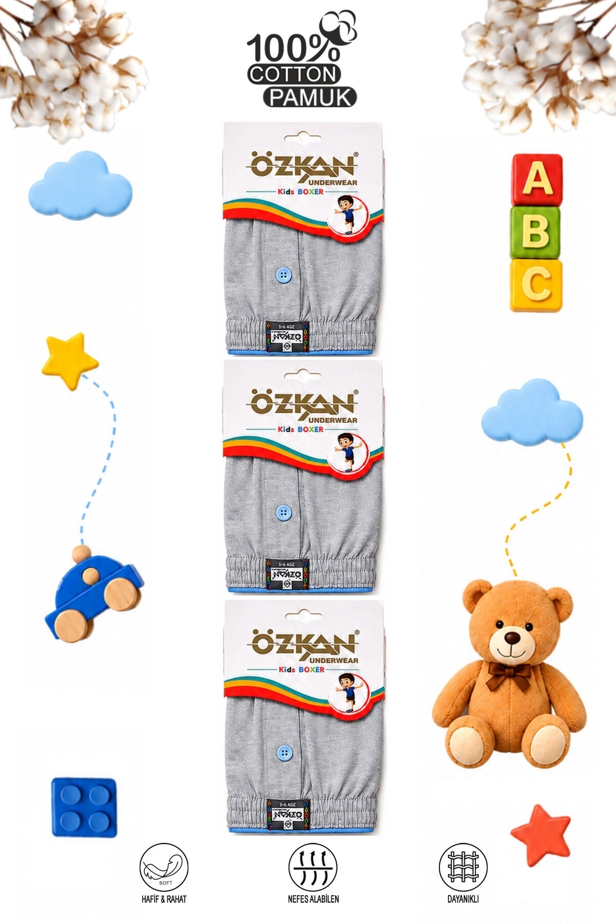 6lı Paket Erkek Çocuk %100 Pamuklu Premium Kumaş Rahat Klasik Kesim Süprem Penye Boxer Özkan 31223 - Gri Melanj