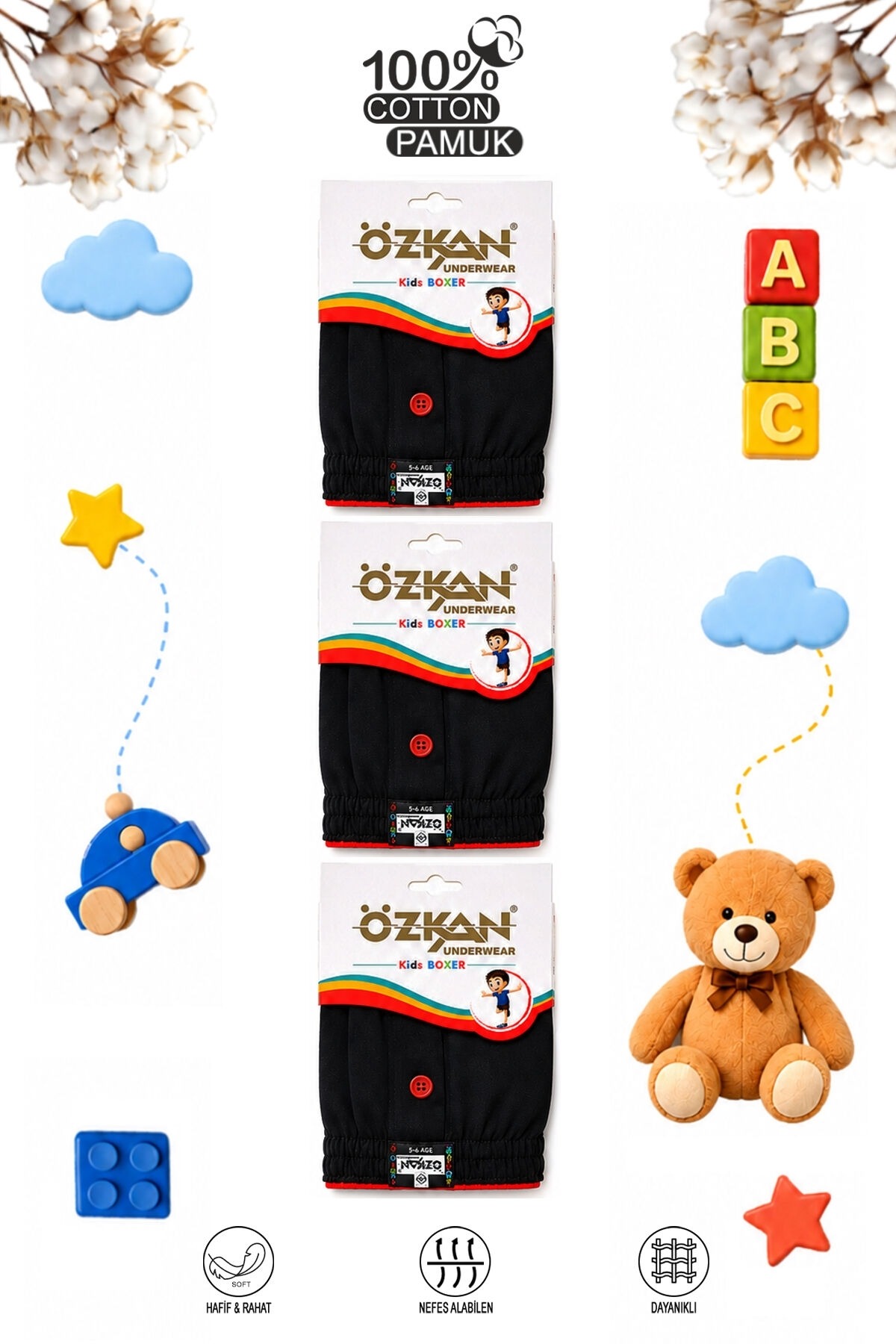 6lı Paket Erkek Çocuk %100 Pamuklu Premium Kumaş Rahat Klasik Kesim Süprem Penye Boxer Özkan 31223 - Siyah