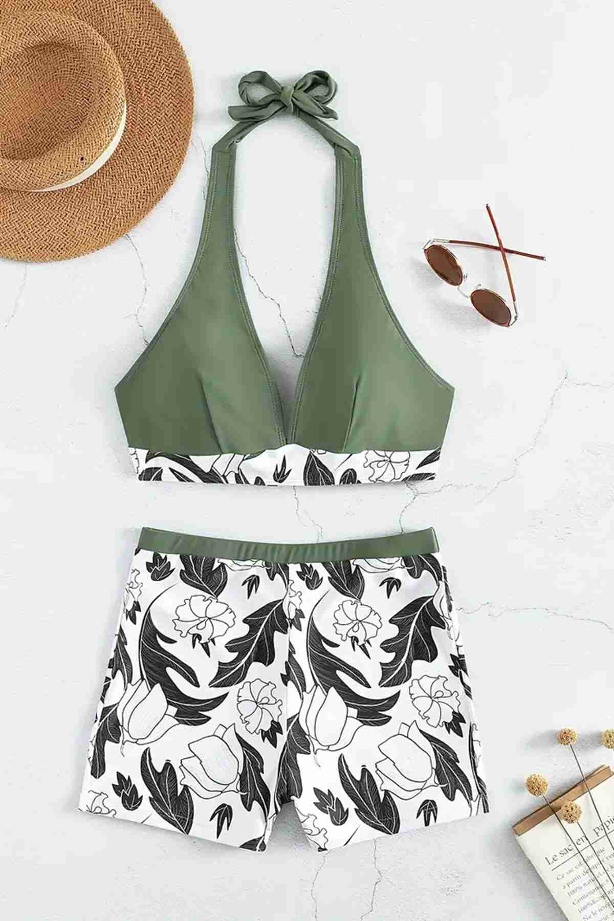 Baskılı Deniz Şortlu Bikini Takım (Çıkartılabilir Kaplı) Angelsin MS43891 - Çok Renkli