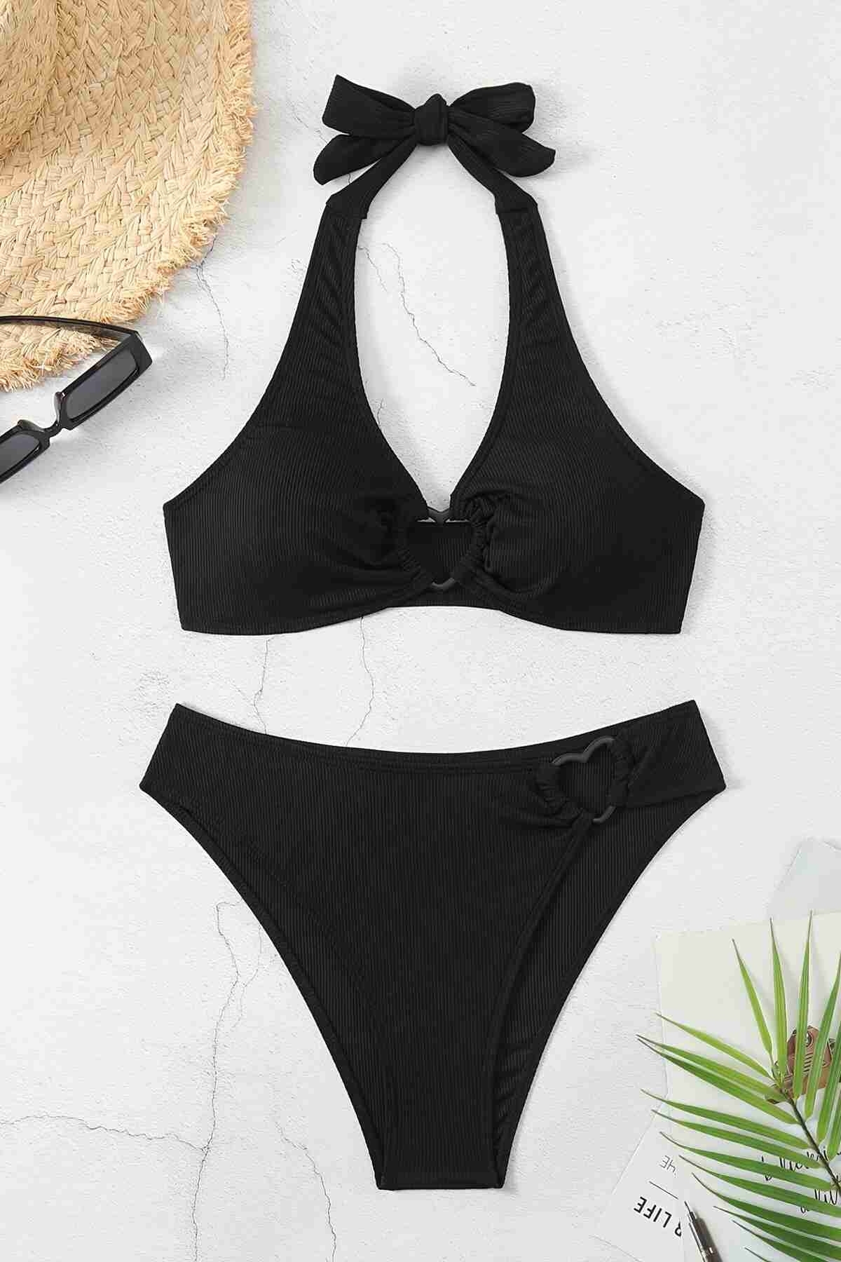 Kalp Aksusuarlı Bikini Takım (Çıkartılabilir Kaplı) Siyah Angelsin MS4131 - Siyah