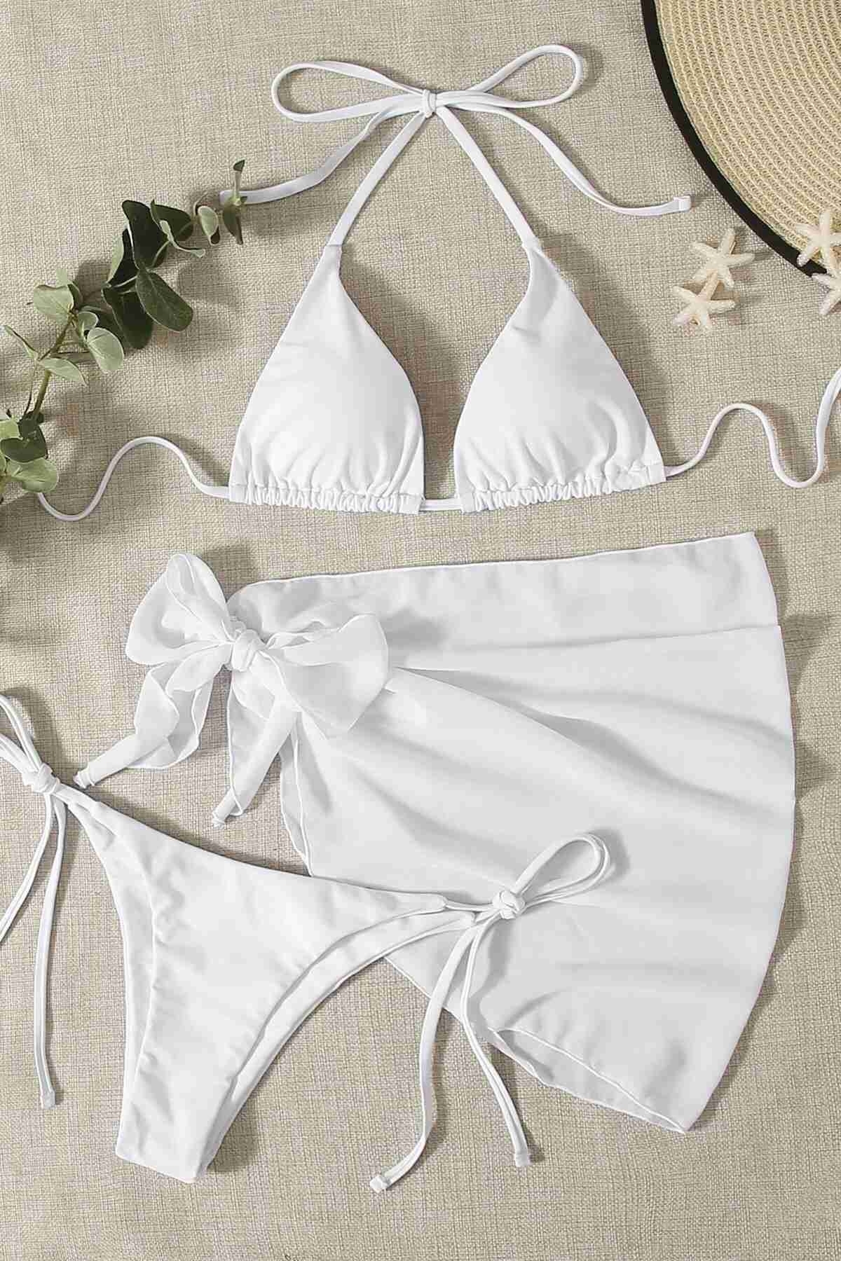 Pareolu Bağlamalı 3'lü Bikini Takım Set (Çıkartılabilir Kaplı) Angelsin MS4094-1000 - Beyaz