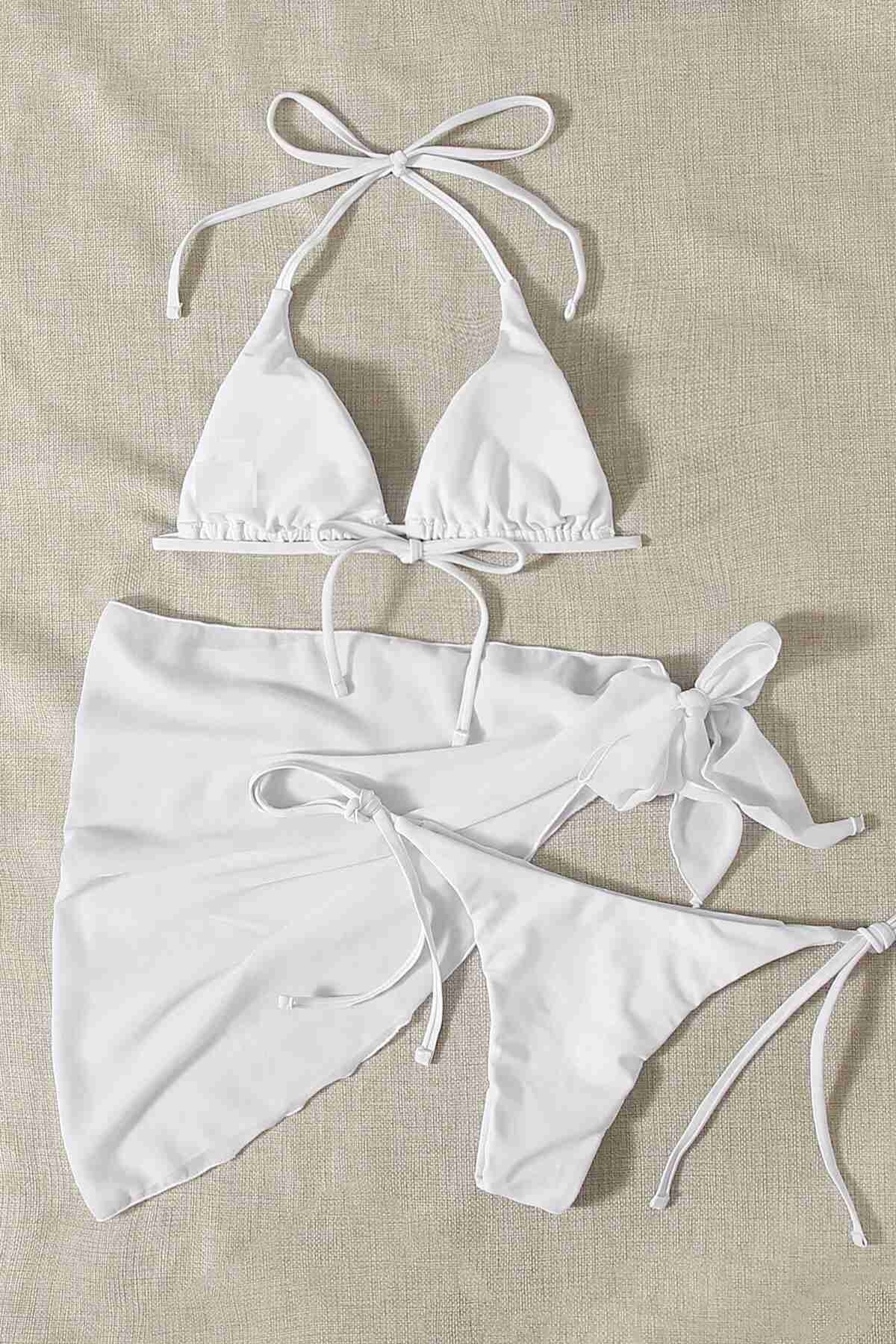 Pareolu Bağlamalı 3'lü Bikini Takım Set (Çıkartılabilir Kaplı) Angelsin MS4094-1000 - Beyaz