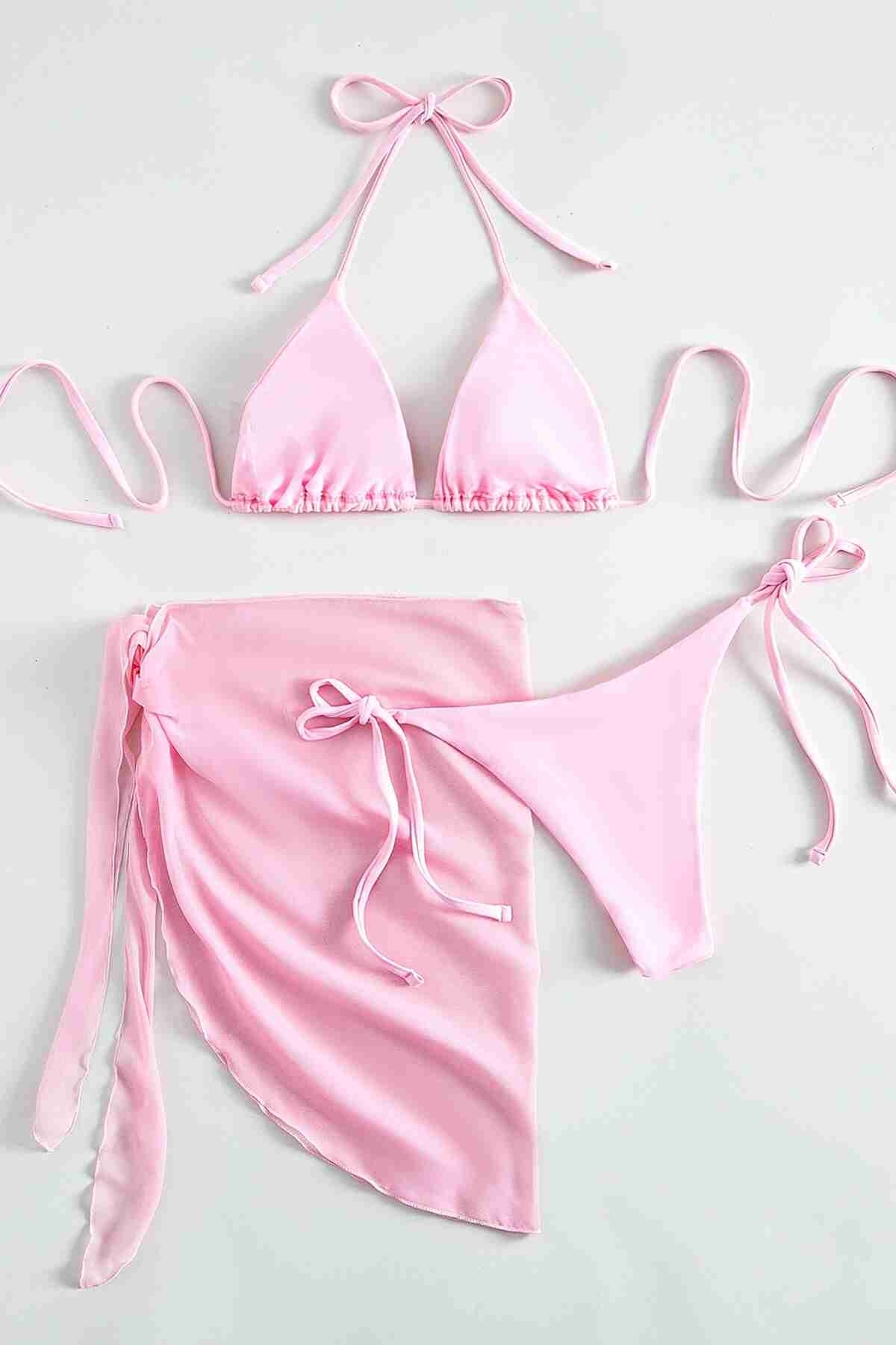 Pareolu Bağlamalı 3'lü Bikini Takım Set (Çıkartılabilir Kaplı) Angelsin MS4094-1010 - Pembe