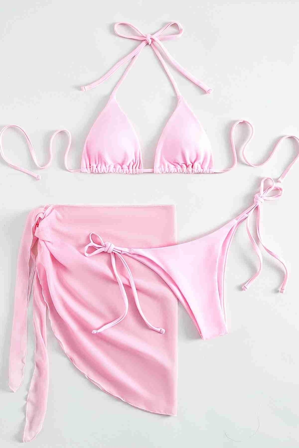 Pareolu Bağlamalı 3'lü Bikini Takım Set (Çıkartılabilir Kaplı) Angelsin MS4094-1010 - Pembe