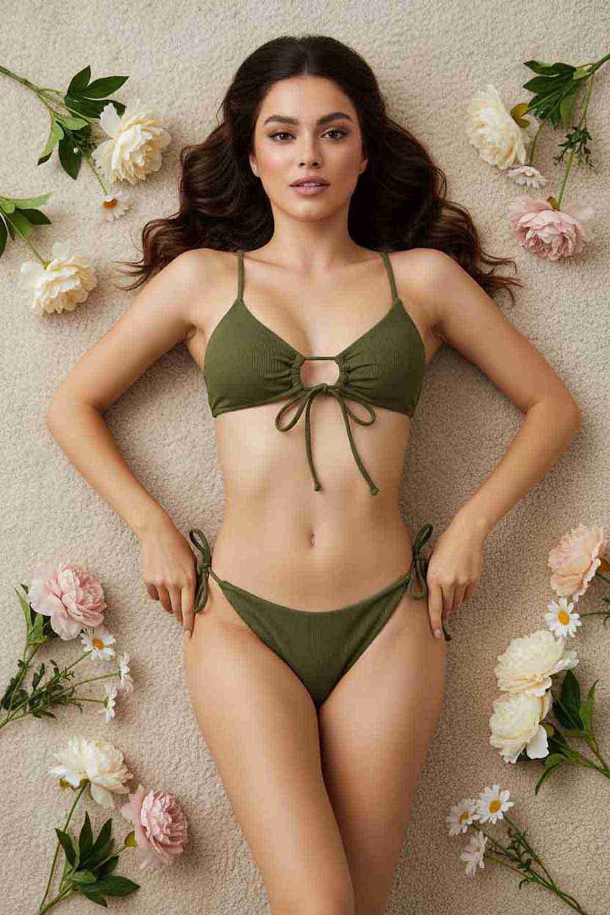 Angelsin Rib Dokulu Ön ve Yan Bağcık Detaylı İpli Brezilya Bikini Takımı Yeşil MS4500-Yeşil - Yeşil
