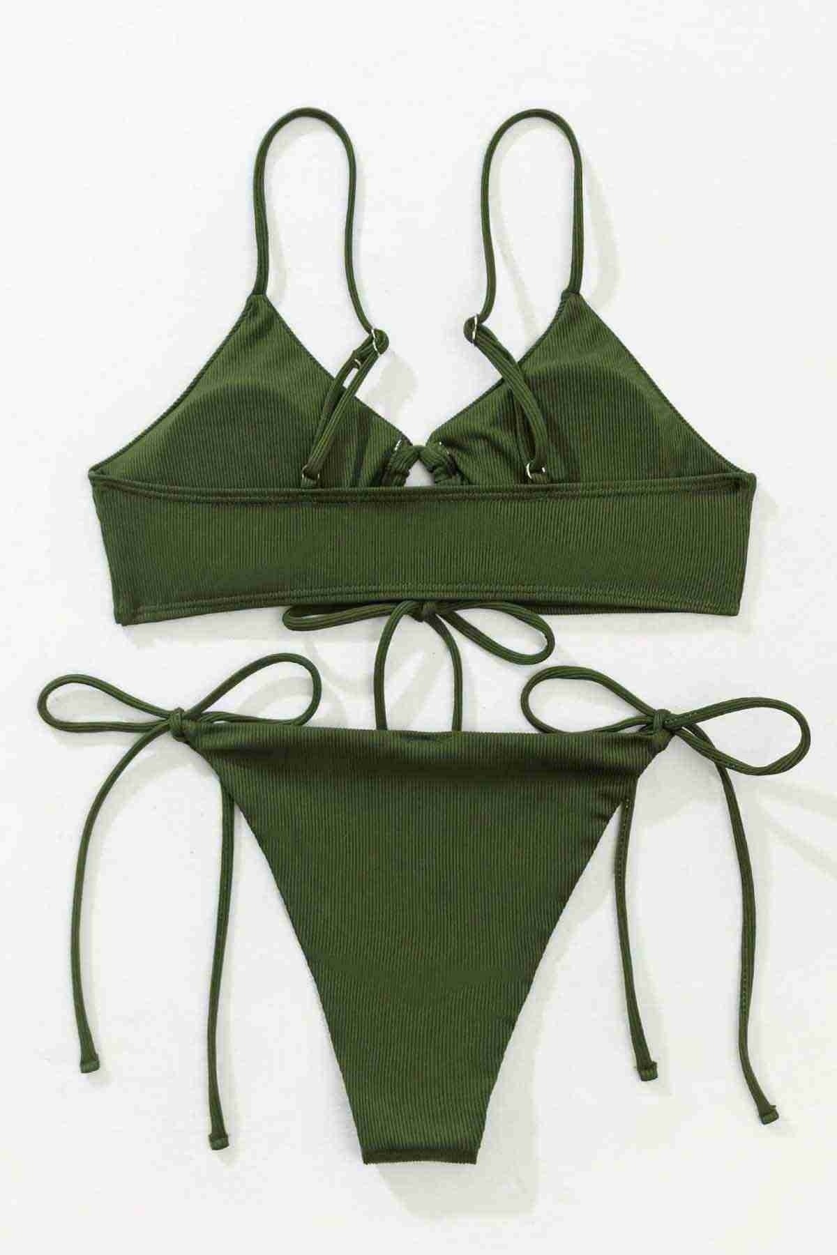 Angelsin Rib Dokulu Ön ve Yan Bağcık Detaylı İpli Brezilya Bikini Takımı Yeşil MS4500-Yeşil - Yeşil