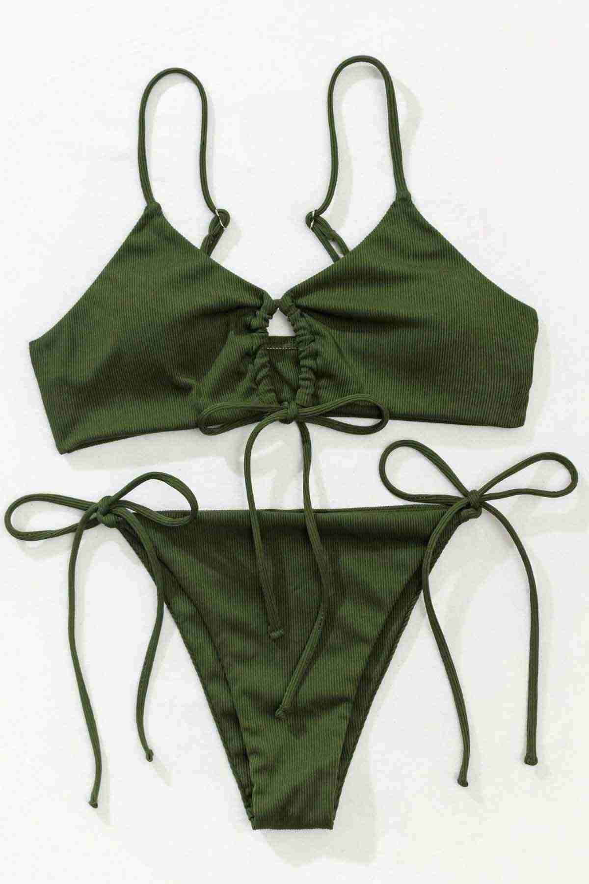Angelsin Rib Dokulu Ön ve Yan Bağcık Detaylı İpli Brezilya Bikini Takımı Yeşil MS4500-Yeşil - Yeşil