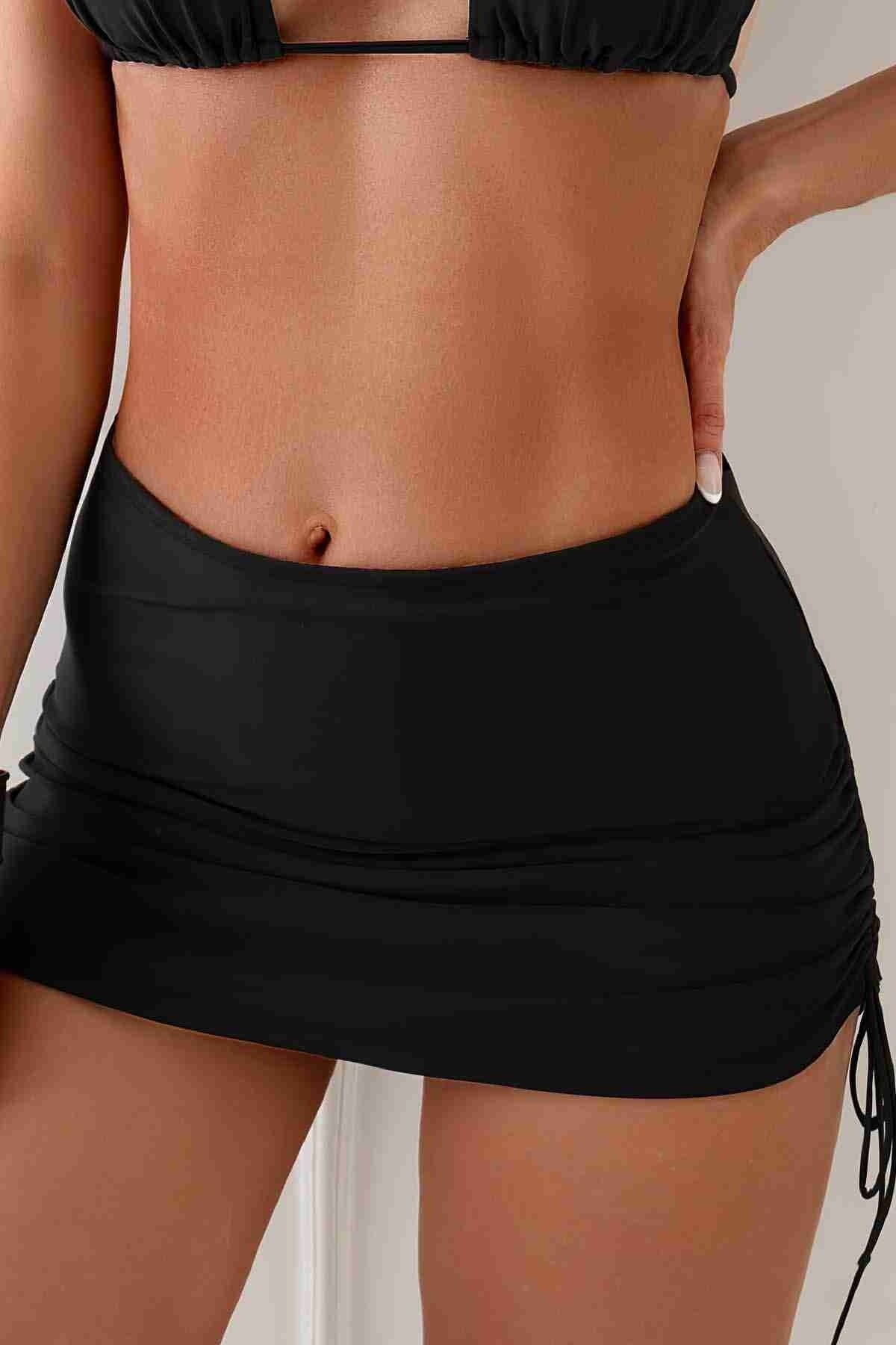 Angelsin Yan Büzgülü İpli Etekli Bütün Bikini Alt Siyah - MS4358-Siyah - Siyah