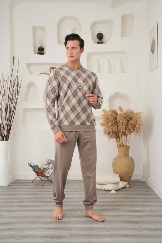 Baklava Desenli Erkek Pijama Takımı Bone Club 5977 - Haki