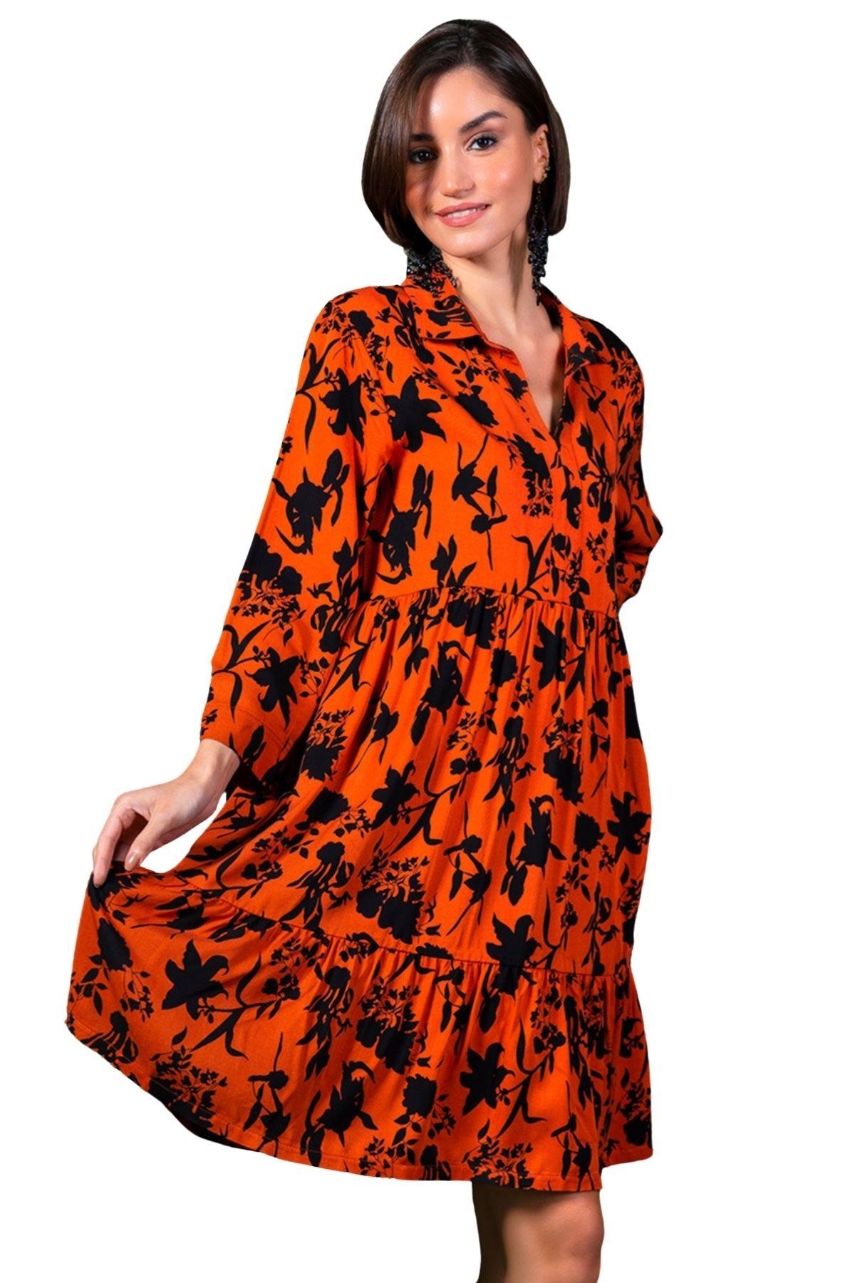 İnci Renkli Gömlek Yaka Kadın Tunik Vienetta 311461 - Turuncu