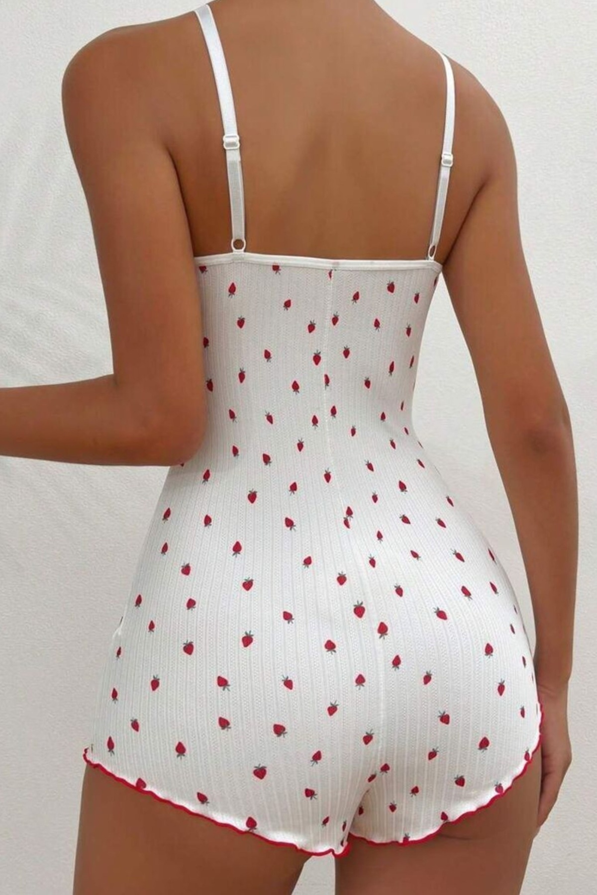 Beyaz Çilek Desenli Tulum Pijama Kadın Pijama Takımı Ruselin 5127 - Beyaz