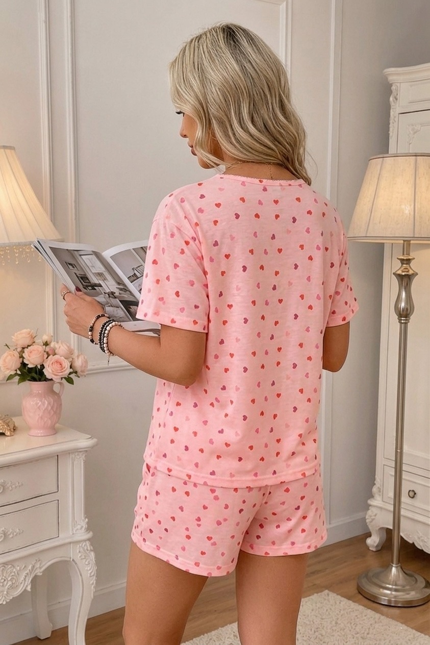 Beyaz Kısa Kollu Bisiklet Yaka Kalp Desenli Şortlu Pijama Takımı Bella Notte 7625 - Pembe