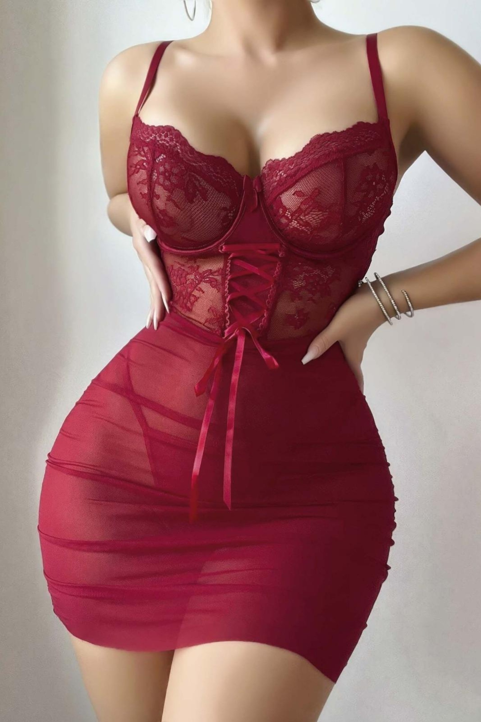 Bordo Dantelli Korse Bağcıklı Tül Fantezi Gecelik Real Passione 4086 - Bordo