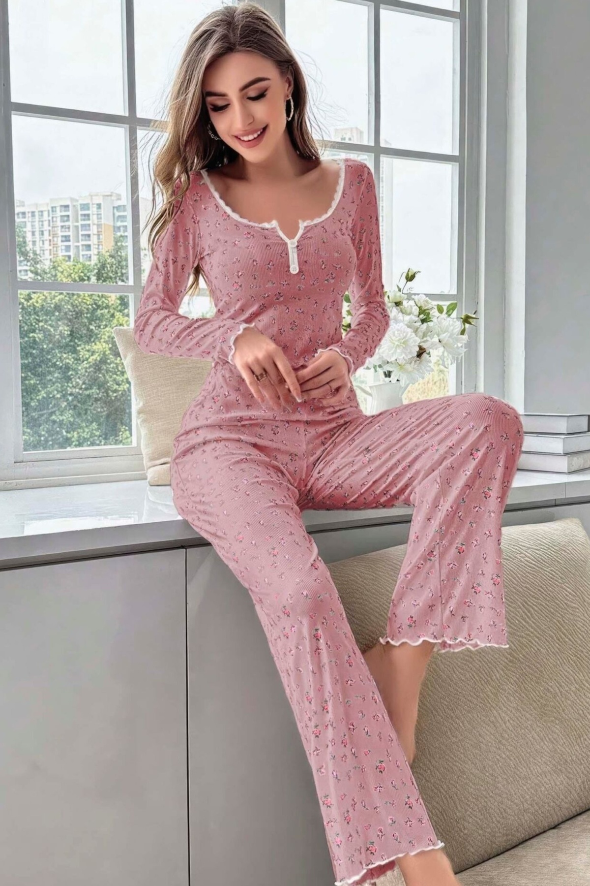 Çiçek Desenli Yumuşak Pamuklu Uzun Pijama Takımı Ruselin 5132 - Pembe