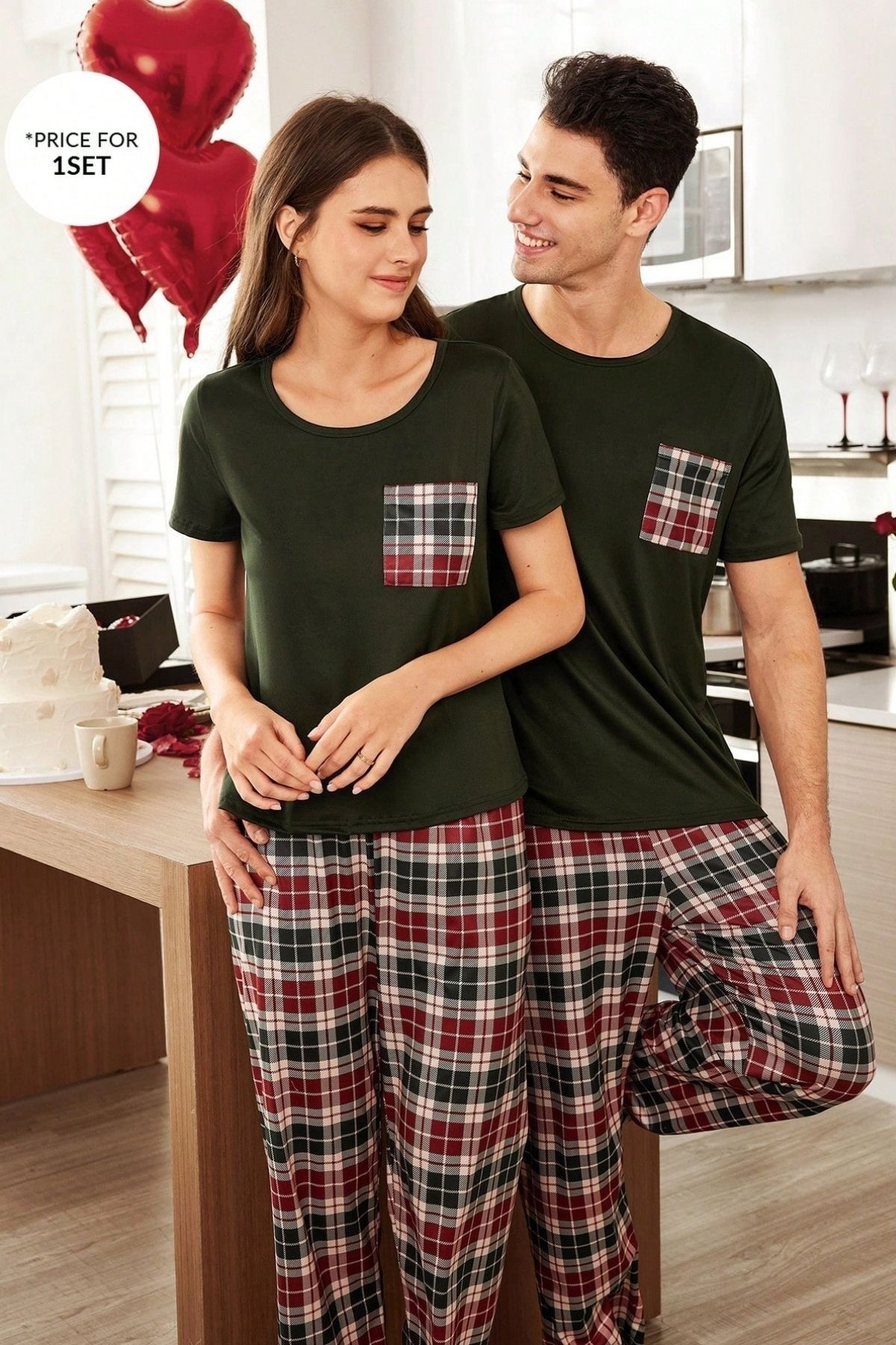 Çok Renkli Cep Detaylı Kısa Kollu Düz Üst Ekose Alt Erkek Çift Pijama Takımı Bella Notte CP-7573 - Çok Renkli