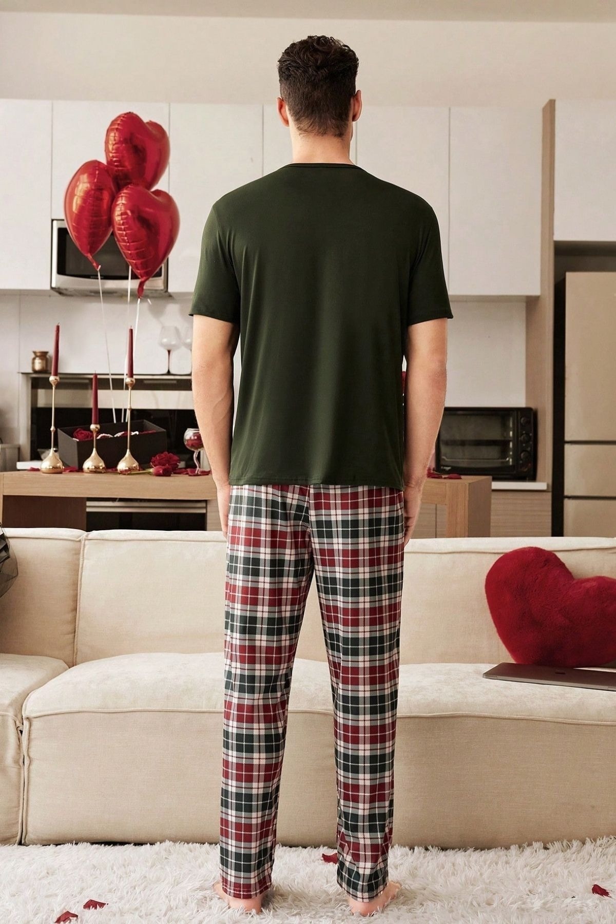 Çok Renkli Cep Detaylı Kısa Kollu Düz Üst Ekose Alt Erkek Çift Pijama Takımı Bella Notte CP-7573 - Çok Renkli