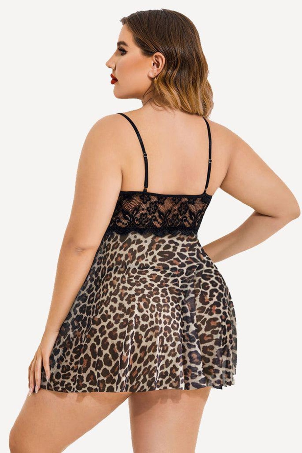 Dantel Dekolteli Leopar Desenli Büyük Beden Fantezi Gecelik Tanga Takım Nathalie 01 - Siyah