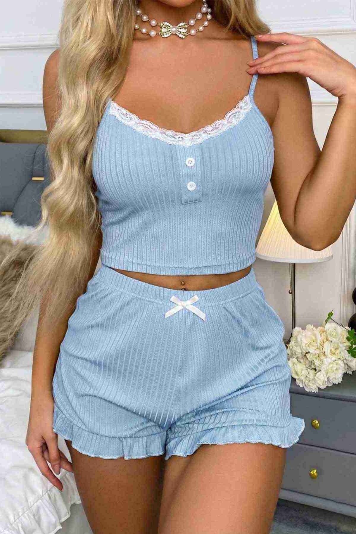 Dantelli Askılı Crop Üst ve Fırfır Paça Mini Şortlu Pijama Takım Merry See MS4438 Mavi - Mavi