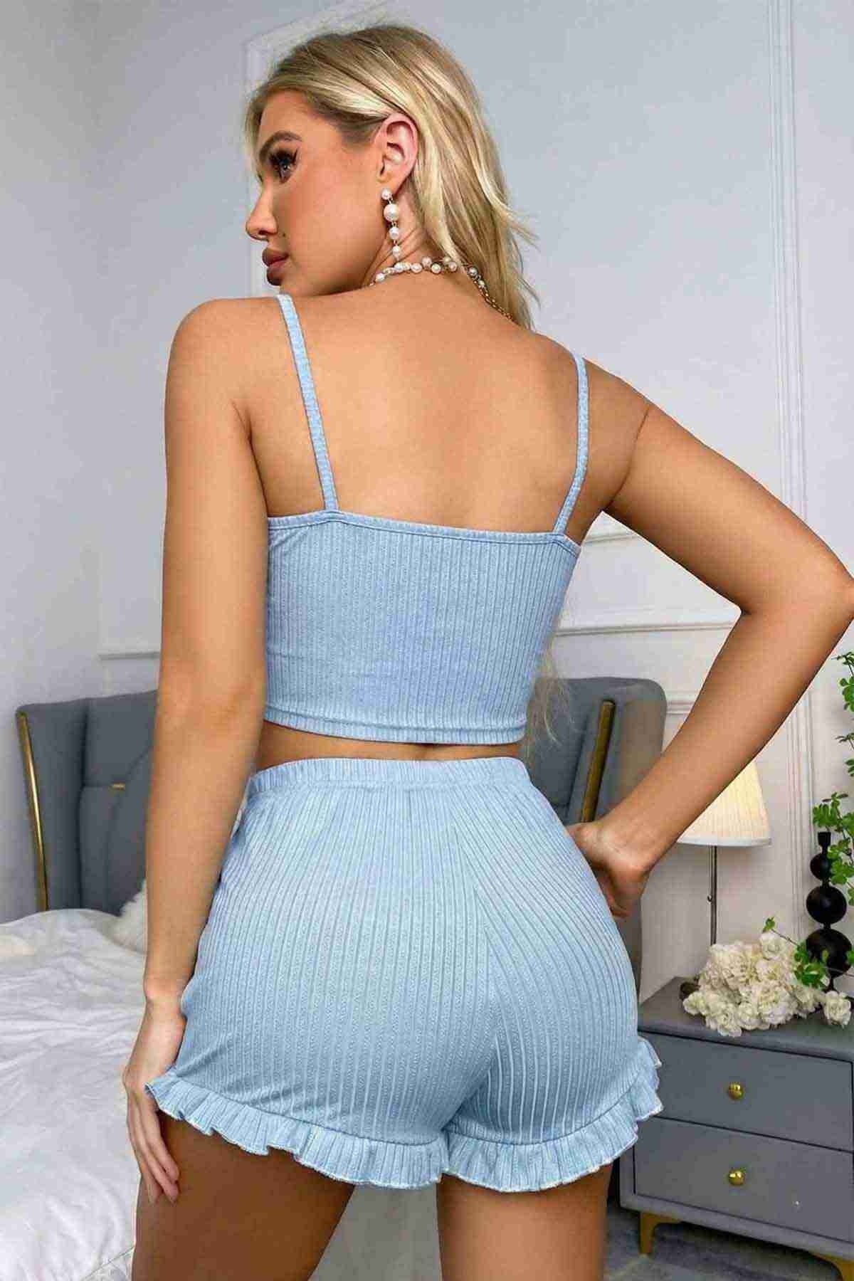 Dantelli Askılı Crop Üst ve Fırfır Paça Mini Şortlu Pijama Takım Merry See MS4438 Mavi - Mavi
