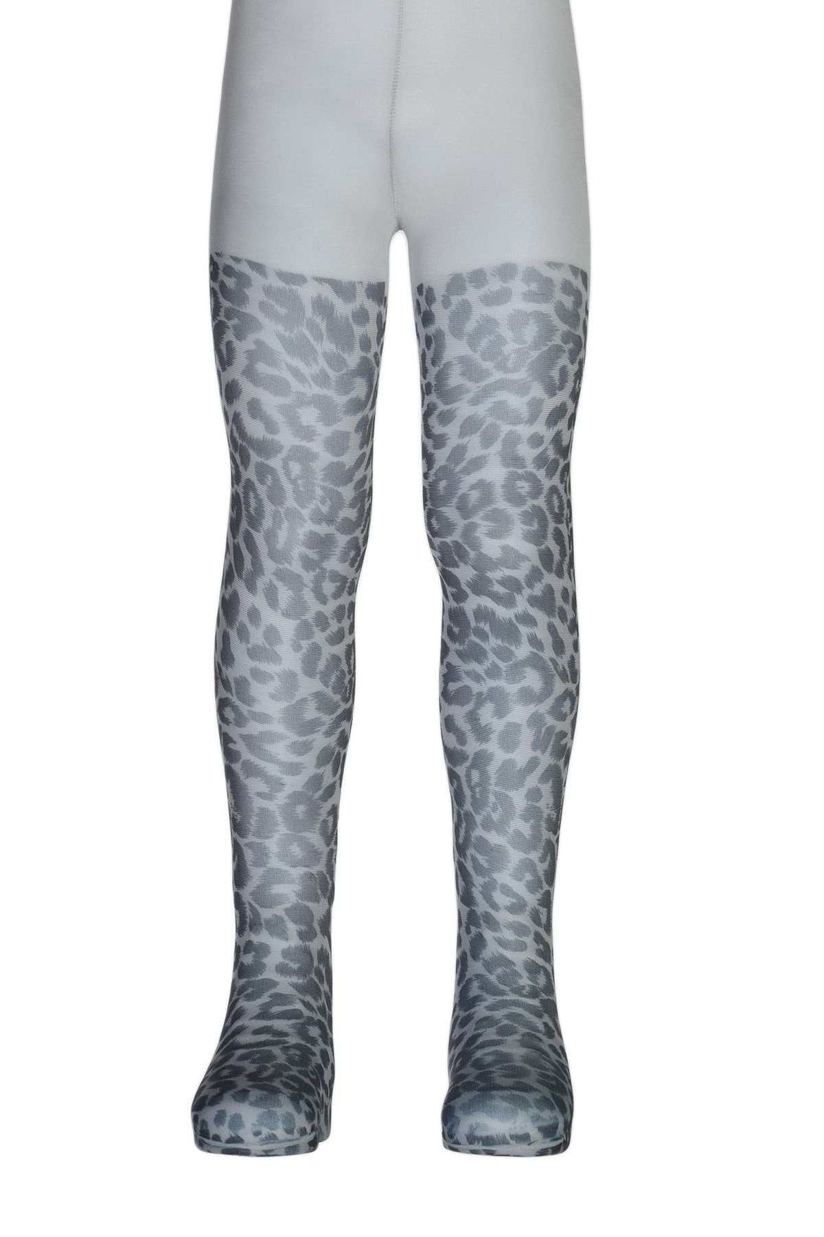 Yüksek Pamuk Oranı Leopar Baskılı Çocuk Külotlu Çorap Dore 12016 - Gri