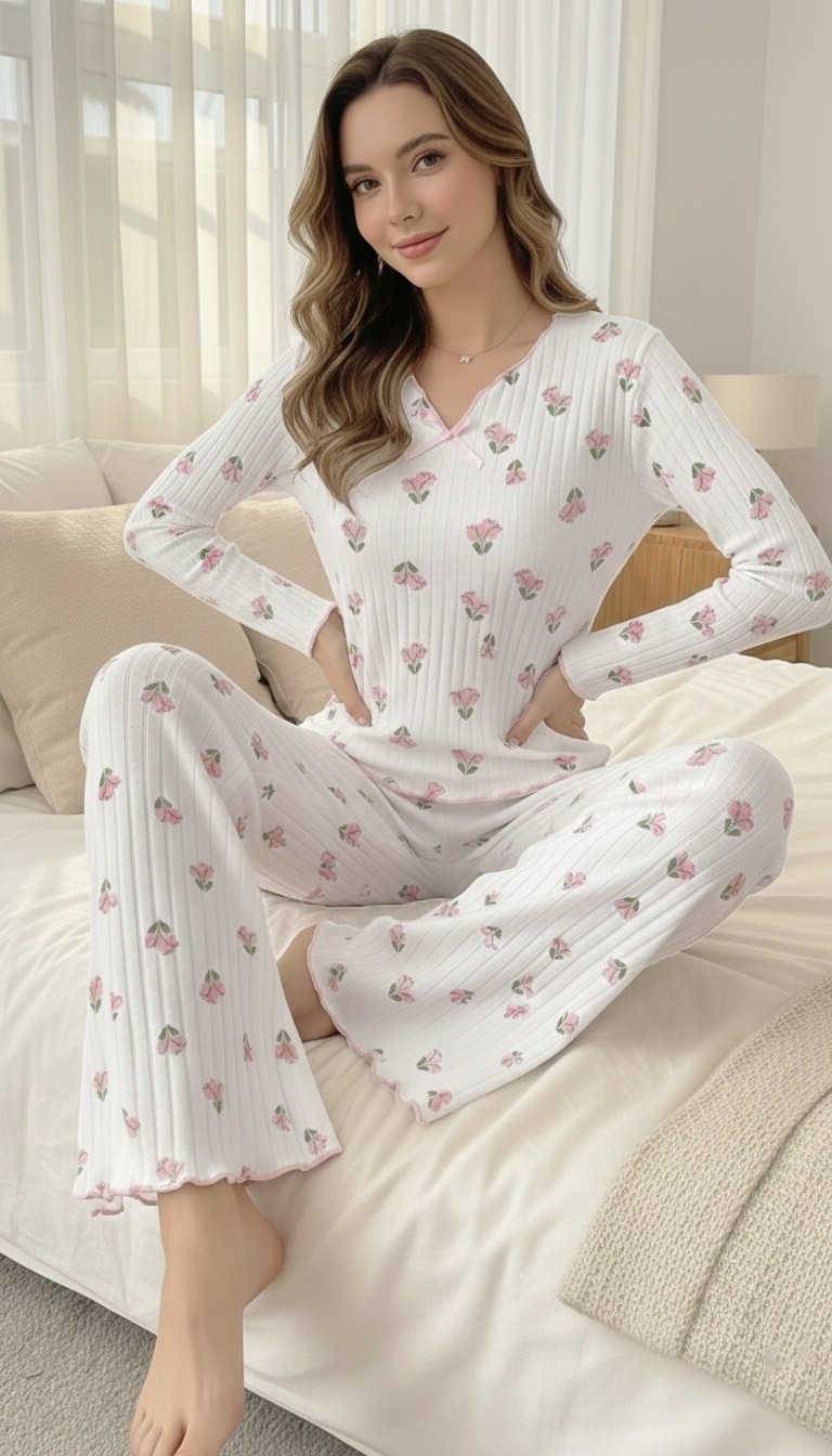 Ekru Minimal Lale Desenli Fiyonk Detaylı V Yaka Pijama Takımı Bella Notte 77359 - Ekru