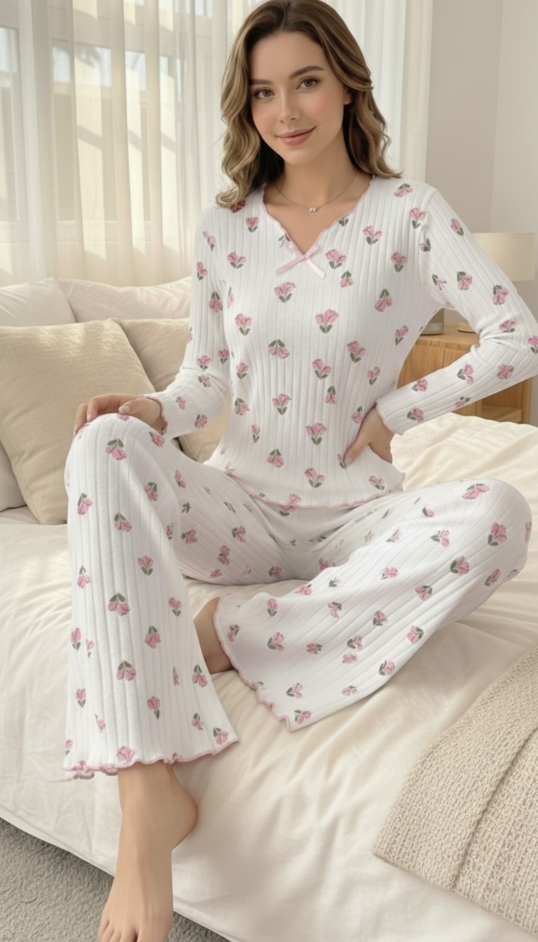 Ekru Minimal Lale Desenli Fiyonk Detaylı V Yaka Pijama Takımı Bella Notte 77359 - Ekru