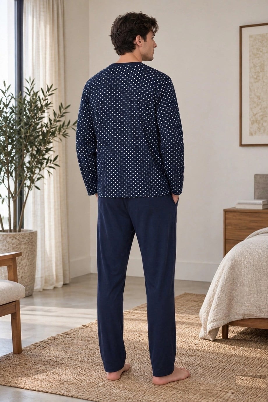 Erkek Bölme Desen Önden Düğmeli Lacivert Pijama Takımı Çift Kaplan 8205 - Lacivert