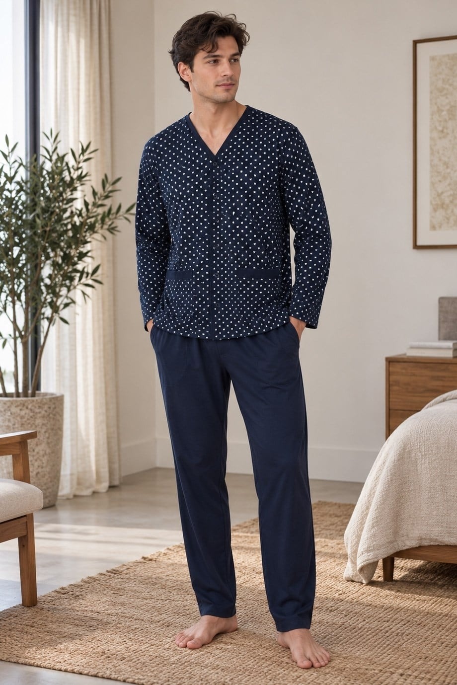 Erkek Bölme Desen Önden Düğmeli Lacivert Pijama Takımı Çift Kaplan 8205 - Lacivert
