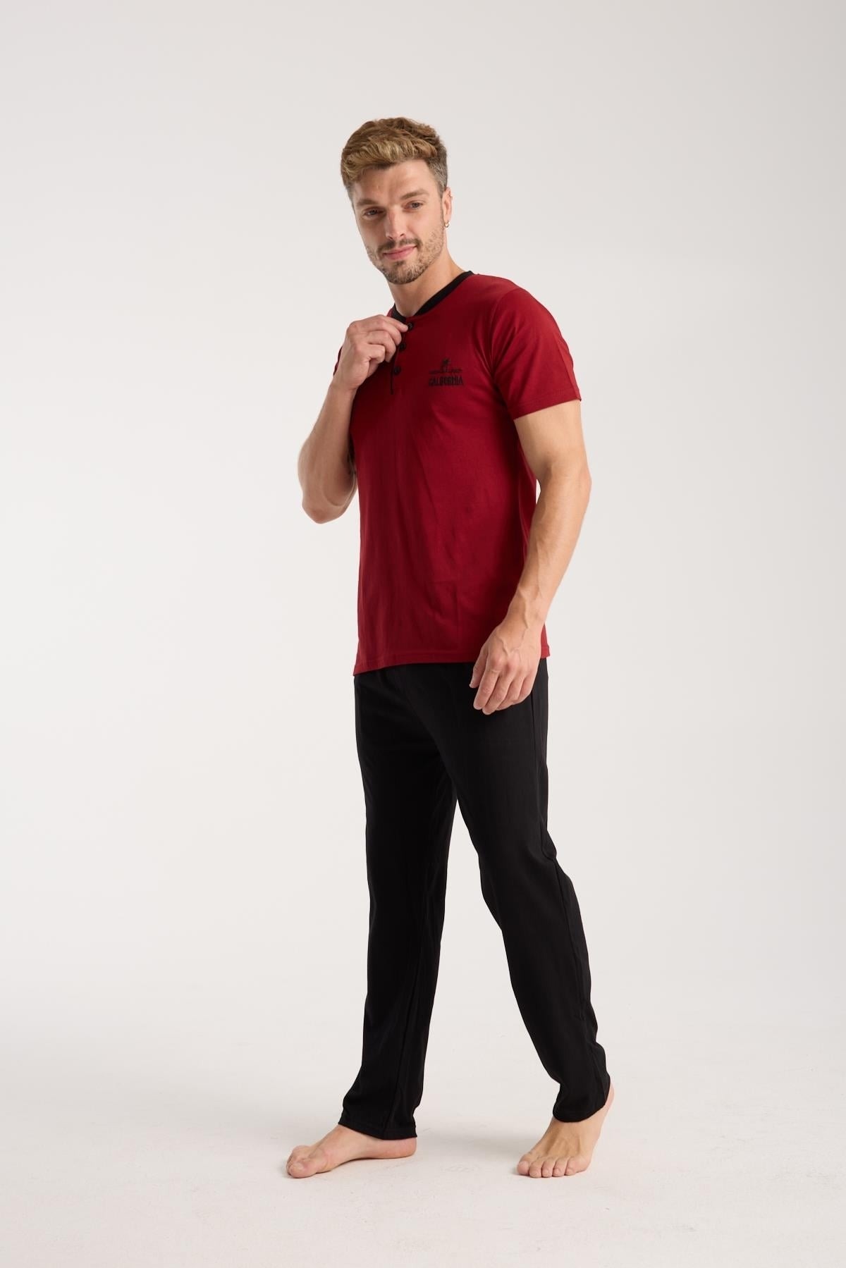 Erkek Bordo Düğmeli Yaka Kısa Kollu Pijama Takımı Akbeniz 6877 - Bordo