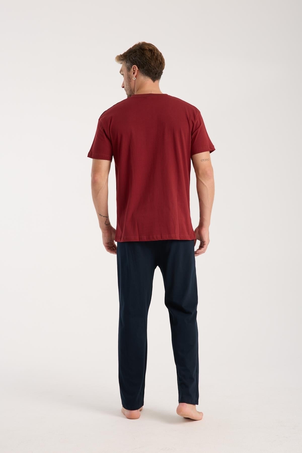 Erkek Bordo Düğmeli Yaka Kısa Kollu Pijama Takımı Akbeniz 6877 - Bordo